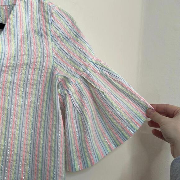 A New Day White and Colorful Striped Semi Sheer Blouse Bell Sleeve - Picture 3 of 8